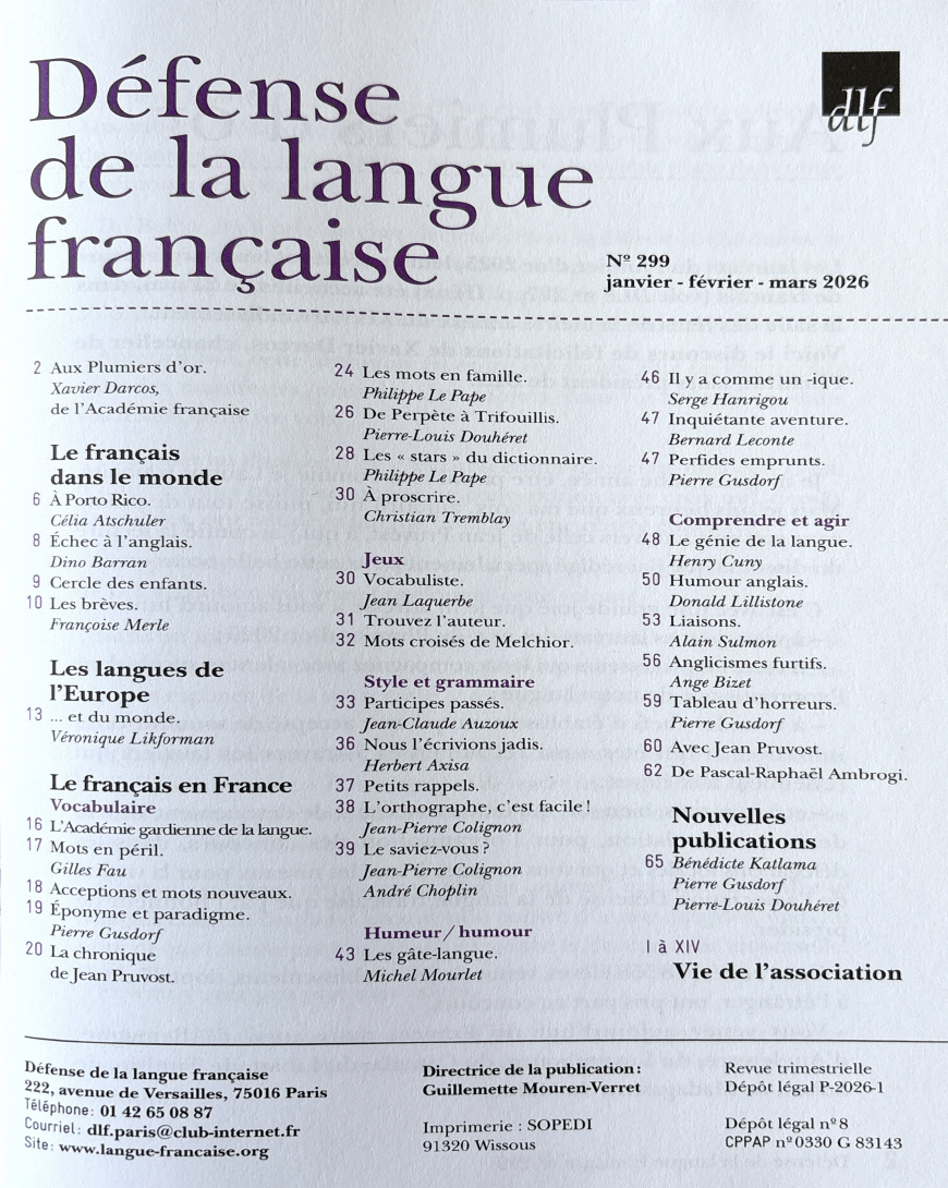 Le numéro 299 de la revue Défense de la langue française est paru